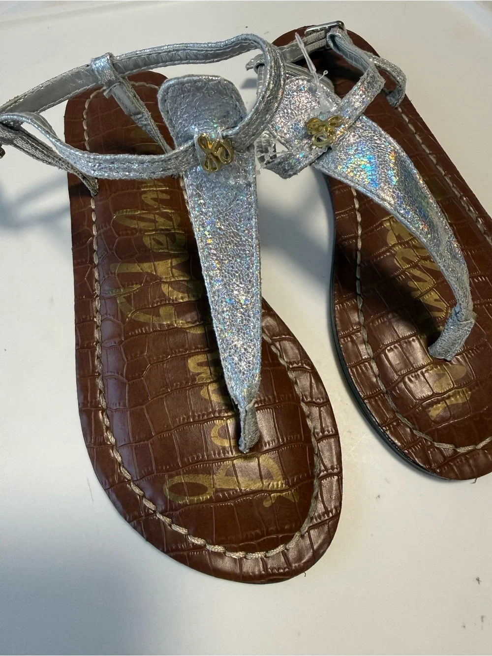 Sam Edelman Silver Glitter T-Strap Sandals